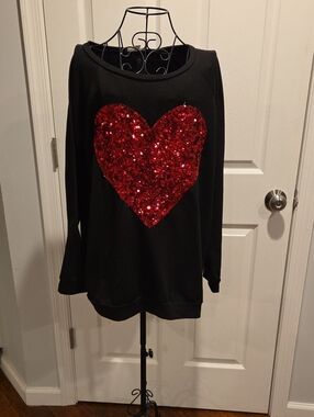 Black Crewneck Sweater with Red Sequin Heart